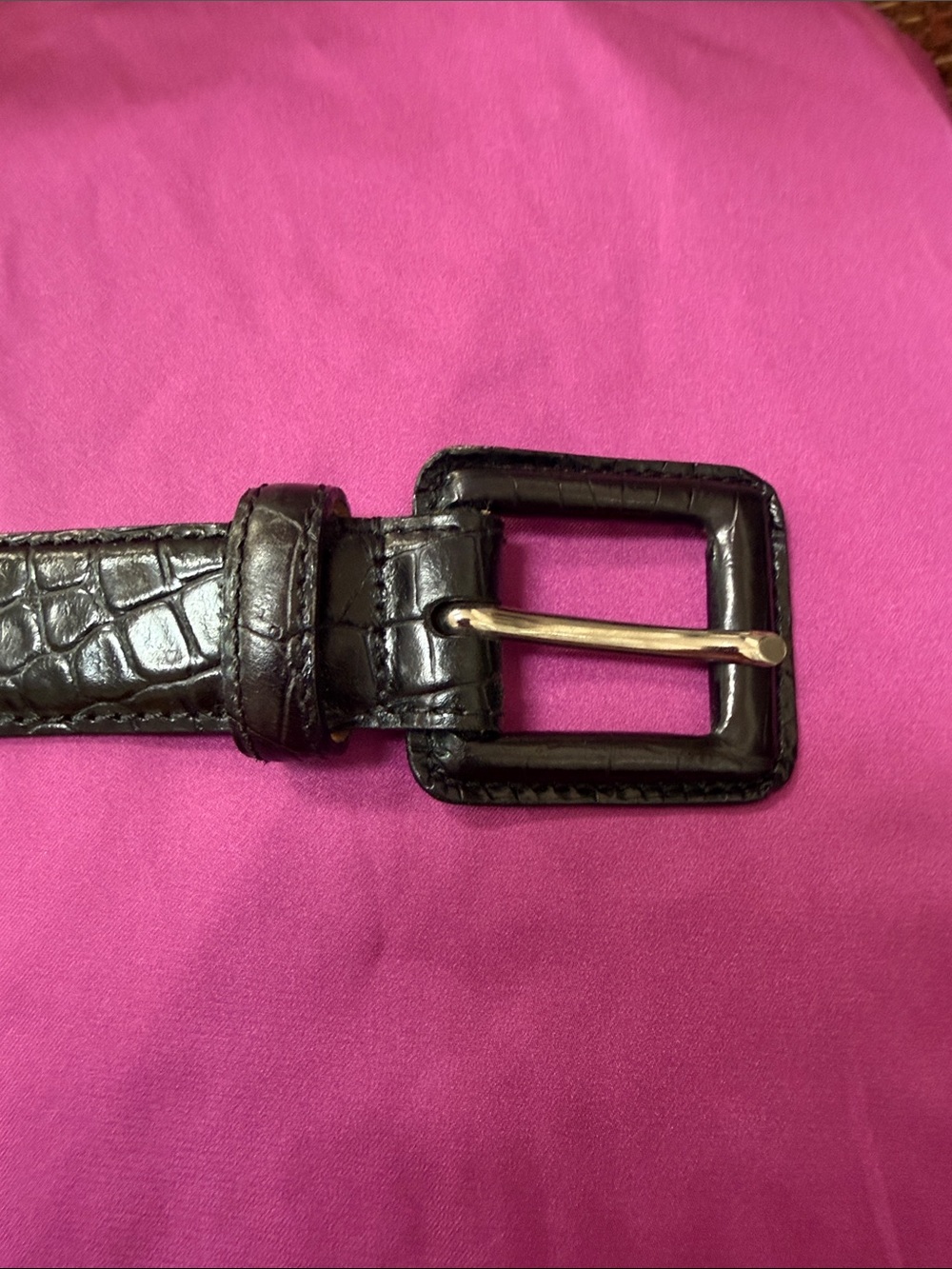 Talbots Black Croc-Embossed Leather Belt with Gold Buckle